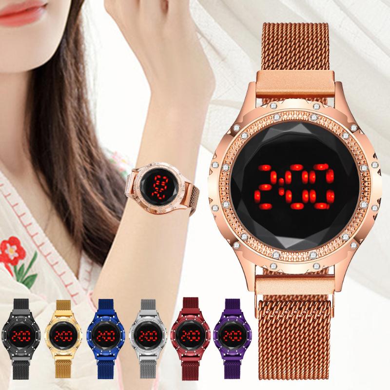 

Wristwatches The LED Ladies Electronic Watch Simple Mesh Belt Magnet Buckle Quartz One Dropship, Red