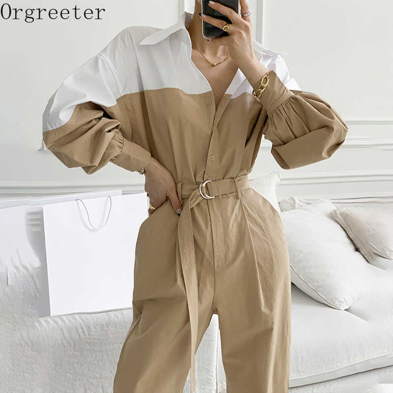

Jumpsuits for Women Elegant Office lady Color contrast Long Lantern sleeve Sashes Romper Female 210525, Khaki