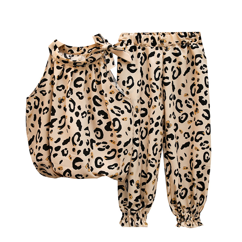 

Retail/wholesale girls Leopard chiffon 2pcs set tracksuit bow sleeveless top+pant Clothing Sets girl outfits children Designers Clothes, 3pcs=1set