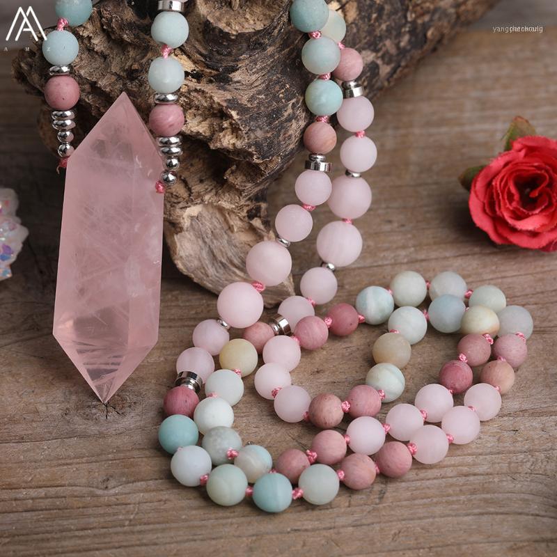 

Natural Pink Quartz Double Stick Point Pendant 8mm Matted Amazonite Roses Round Beads Cord Knotted Mala Necklace Jewelry1