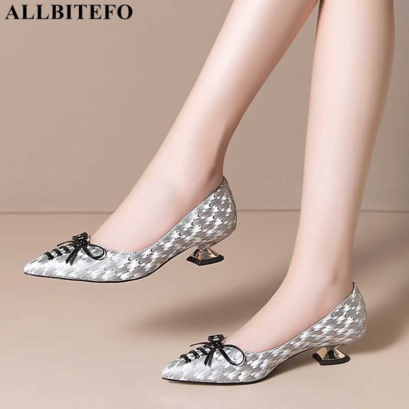 

ALLBITEFO High Quality Genuine Leather High Heels Office Ladies Party Sliver Wedding Shoes Bowtie Women Heels High Heel Shoes 210611, As picture