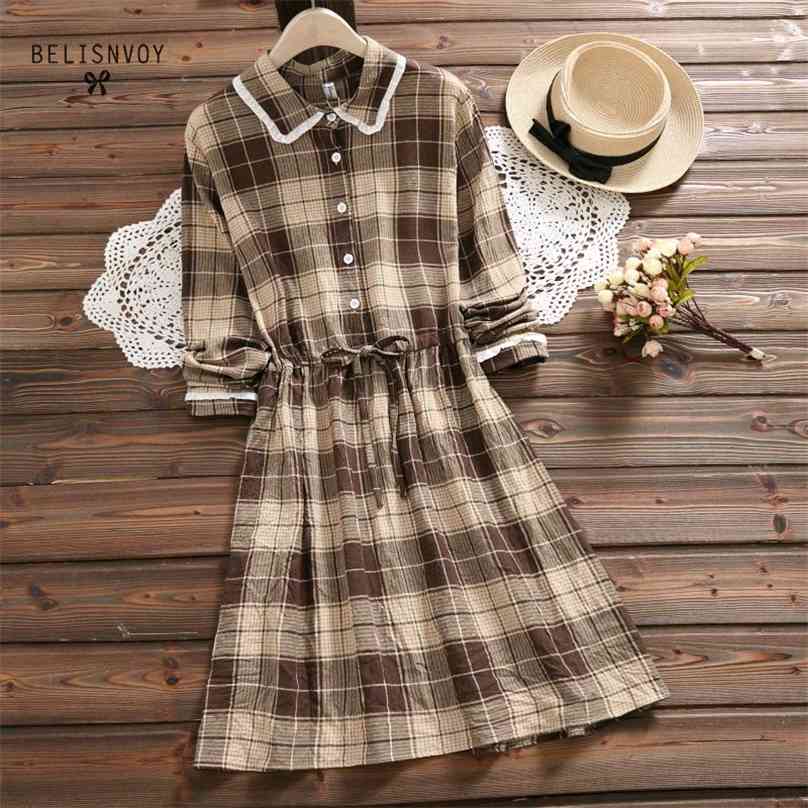 

Japanese Style Mori Girl Dress Spring Autumn Women Long Sleeve Plaid Dresses Female Cotton Linen Vintage Vestidos 210520, Gray