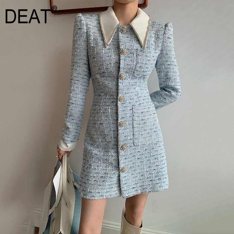 

Spring Fashion Tweed Lapel Collar Dress Women Middle And Long Foreign Style Light Blue Summer GX1222 210421, Black;gray
