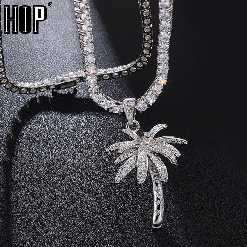 

Pendant Necklaces Hip Hop Bling Iced Out Micro Paved CZ Palm Tree Pendants & For Men Rapper Jewelry With Tennis Chain