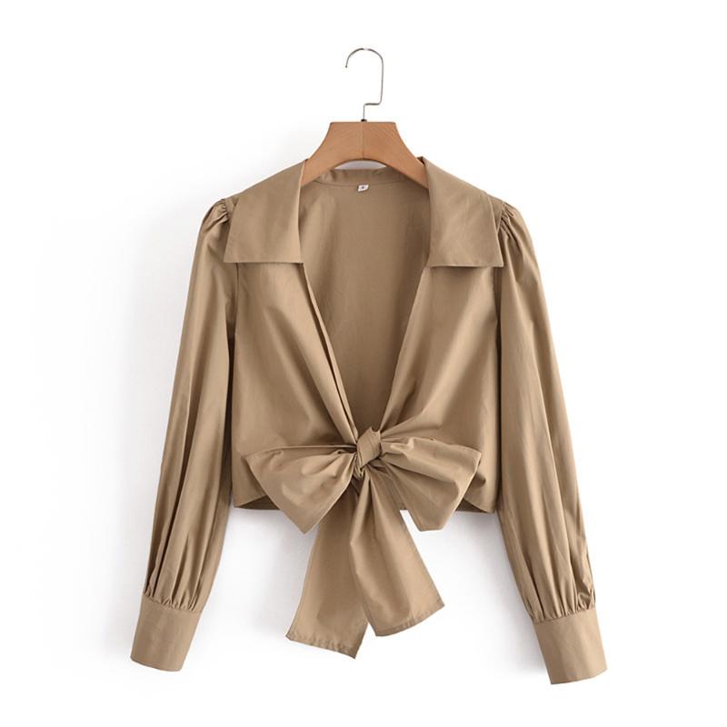 

Women's Blouses & Shirts DYLQFS 2021 Summer Women Vintage Cotton Khaki Hem Bowknot Shirt Female Streetwears Casual V Neck Chic Top