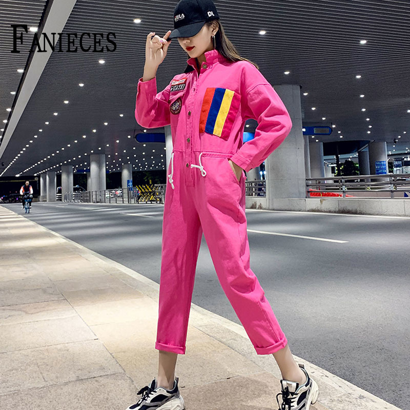 

Autumn Women Denim Jumpsuit Loose Fashion Drawstring Pocket Ladies Bodysuit Casual Retro Jumpsuits Streetwear overalls 210520, Beige