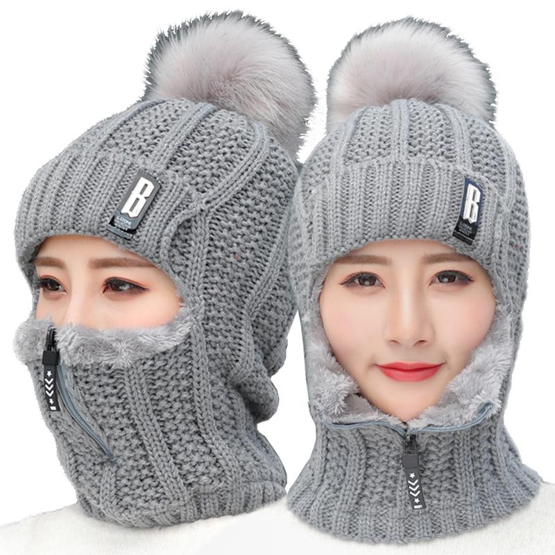 

Beanie/Skull Caps Winter Knitted Wool Ski Hat Full Face Mask Scarf Women Men Outdoor Cycling Warm Thick Balaclava Neck Warmer Hats Pompom, Blue;gray