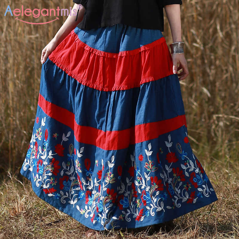 

Aelegantmis Chinese Style Handmade Embroidery Long Skirt Women Ethnic Vintage Linen Casual Ladies Fashion Plus Size s 210607, As shown