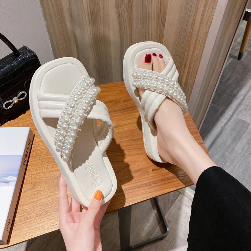 

Slippers Casual Shoes Woman 2021 Pantofle Med Shale Female Beach String Bead Platform Luxury Flat Sabot PU Rubber Slides