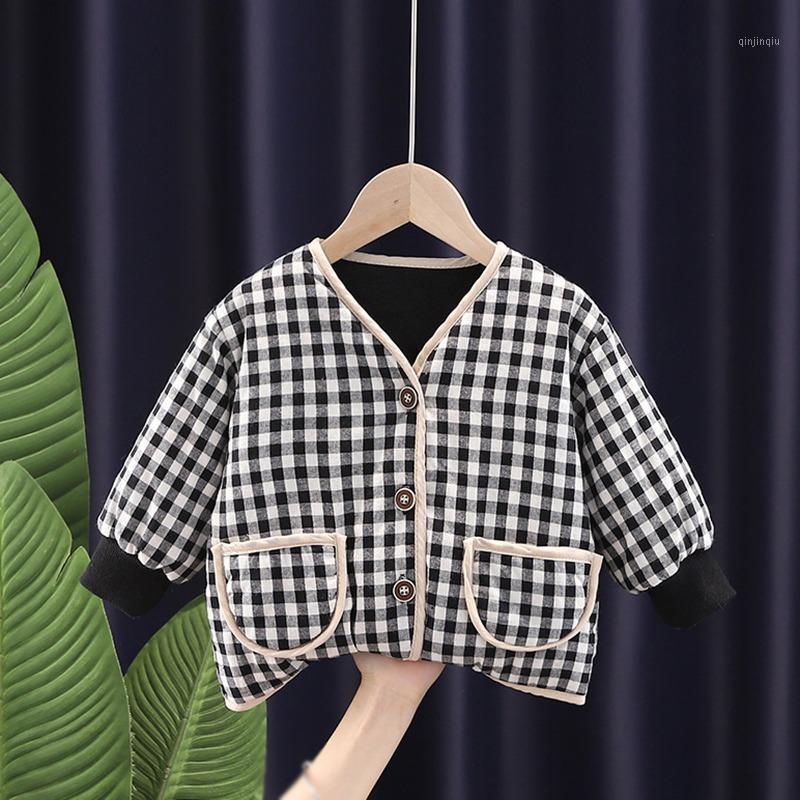 

Jackets Fall Winter Korean Girl Boy Clothes Plaid Thicken Top Coat Kids Warm Thick Velvet Hooded Baby Coats Causal Outerwear And Vest, Blue;gray