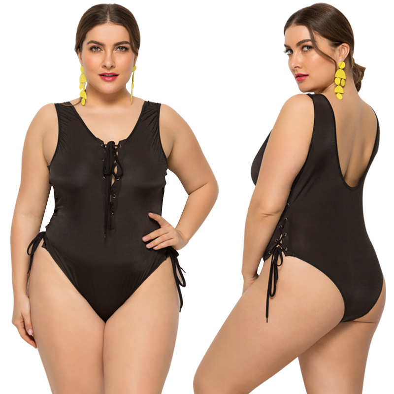 

INS New Swimsuit European and American Ladies plus-Sized Solid Color Multi-Rope Fat Woman plus Size One-Piece Bikini Swimsuit Charm Yy25, Black