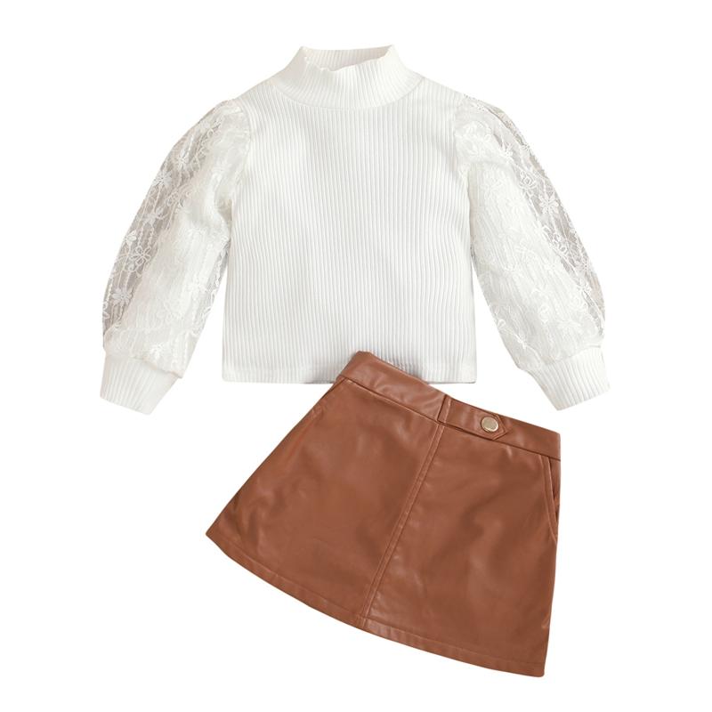 

Clothing Sets Girl Skirt Set Cotton Lace Long Bubble Sleeve Round Neck Sweet Tops Suit With Pockets Kids Children Outfits, As photo shows