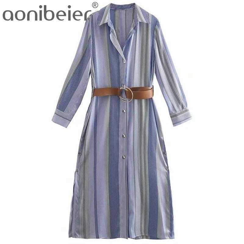 

Za Summer Woman Striped Long Sleeve Dres Blue Sashes Casual Button Side Slit Party Ladies Dresses 210604
