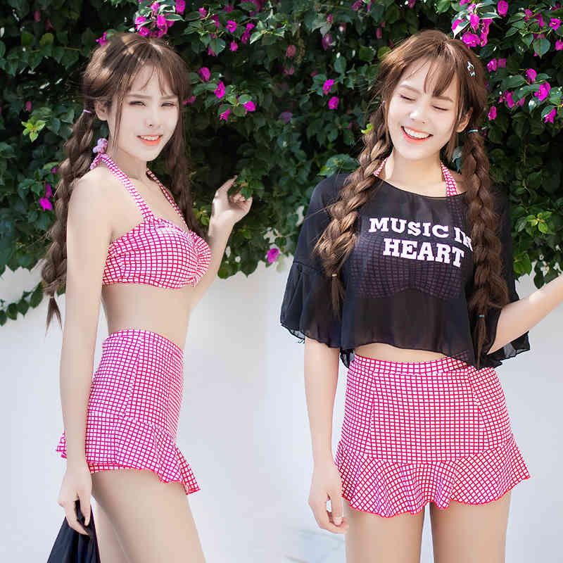 Women&#039;s Fashion Small Chest Gathered Chiffon Blouse Bikini Three Piece Spring Beach Swimsuit-image-678445408