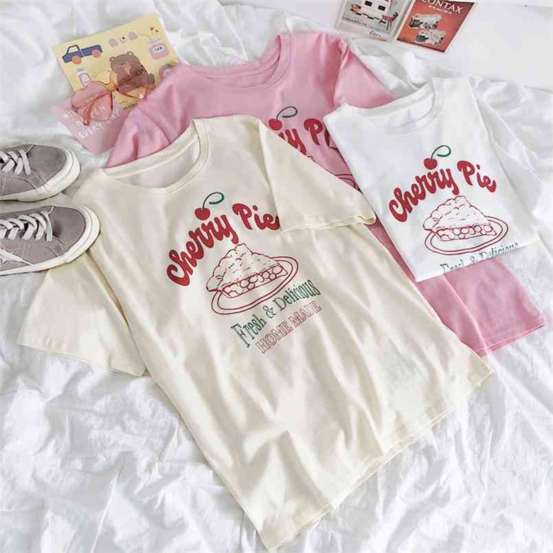 

Cherry Cake Pink Girly Funny Letter Print Round Neck Loose Comfortable All-match Short Sleeve T-shirt 210708