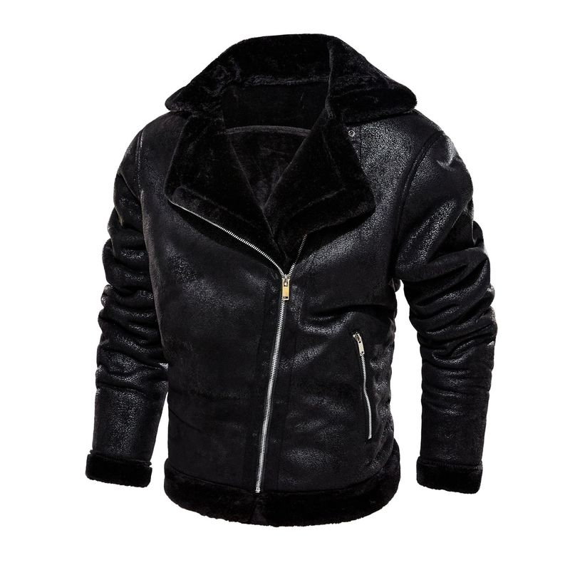 

Winter Lapel Leather Jacket Plus Velvet Thick Casual Men Fur Coat, Black