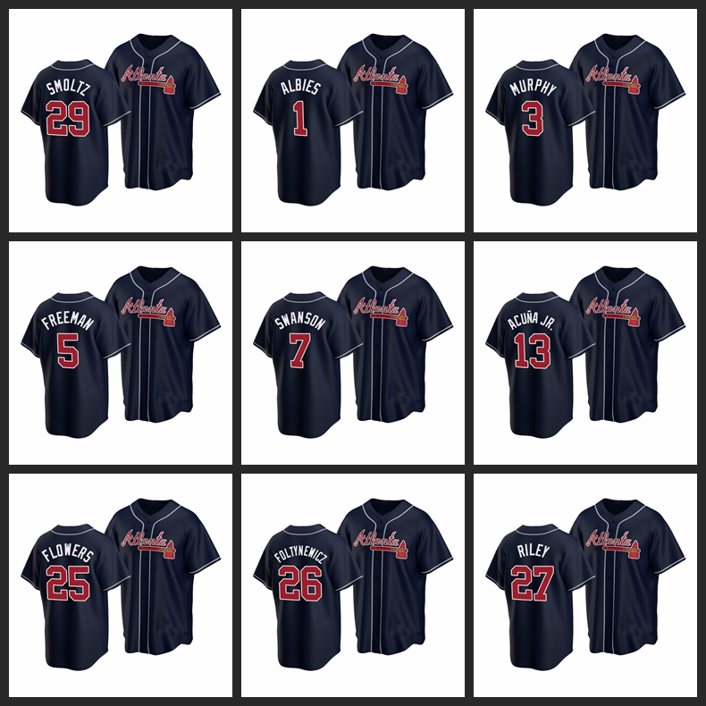 

AtlantaBraves Baseball Jersey #13 Ronald Acuna Jr. 7 Dansby Swanson 26 Mike Foltynewicz 5 Freddie Freeman Women Youth Custom Navy Size S-4XL 1016, Nk logo