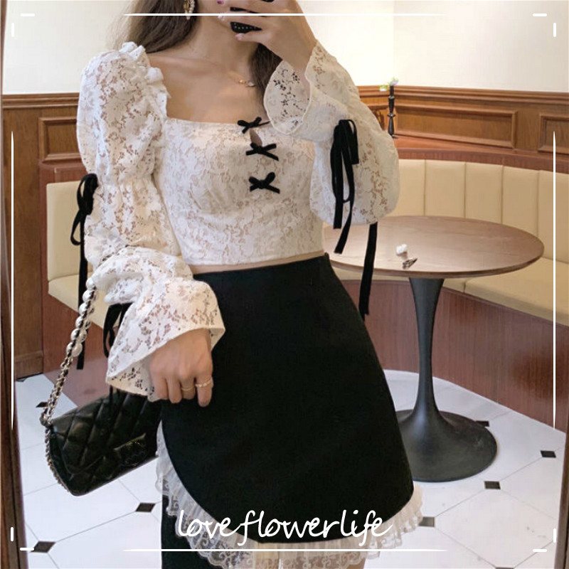 

2 Piece Set Women Fashion Sexy Suit Lace Bow Flare Sleeve Top+ Patchwork Designer Skirt Gothic Korean Style Autumn Clothing 210521