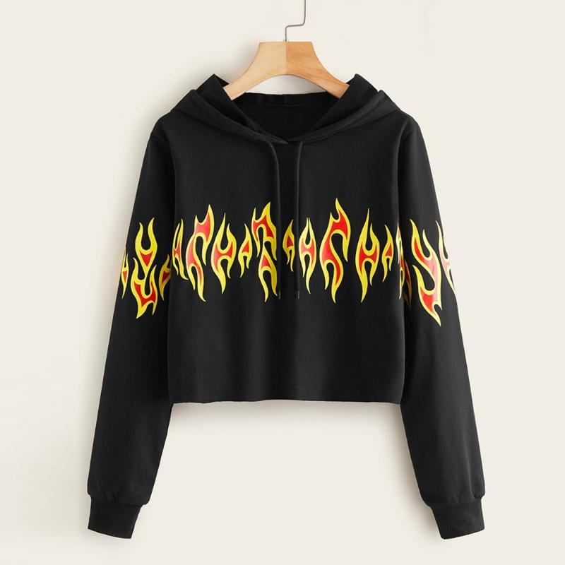 

Women's Hoodies & Sweatshirts Print Autumn Sweatshirt Pullover Tops Coat Fashion Women Hooded Long Sleeve Flame Swearshirt Short Top, Black