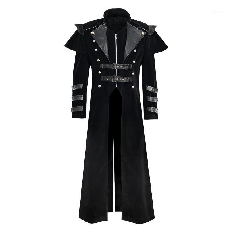 

Men' Jackets Men Trench Coat Steampunk Jacket Medieval Costume Long Sleeve Gothic Brocade Frock Vintage Stand Collar Jaqueta, Black