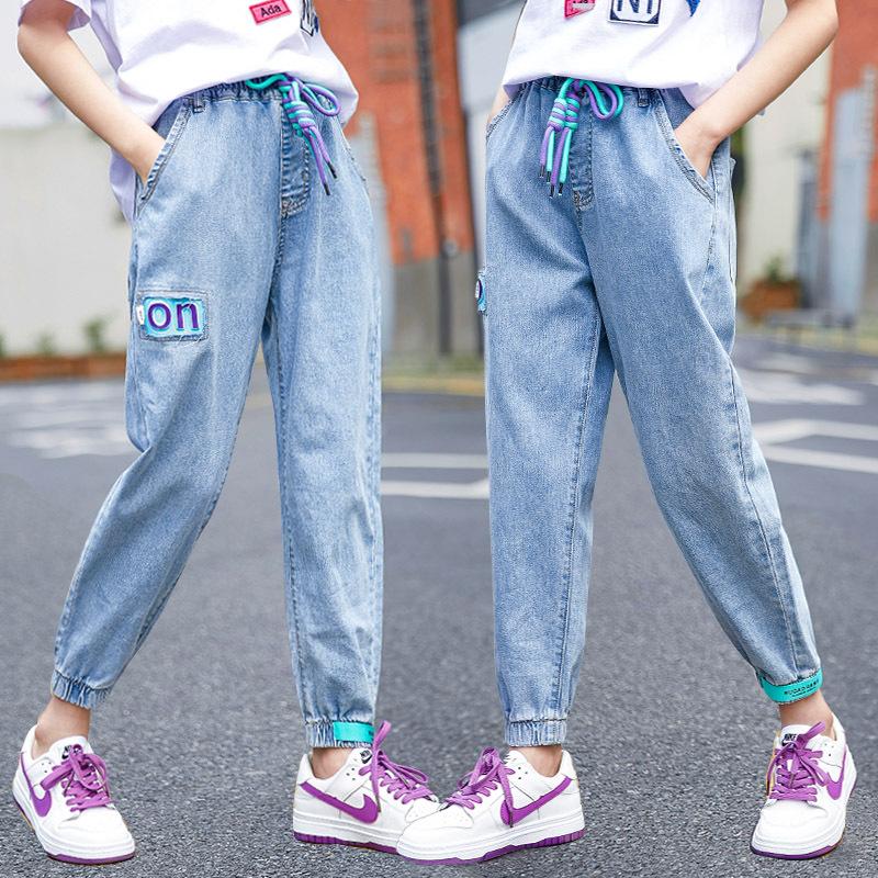 

Jeans 5-15 Years Girls Pants Teen Clothes Blue Elastic Waist Korean Letter Print Denim Quality Summer Kids Clothing, Light blue