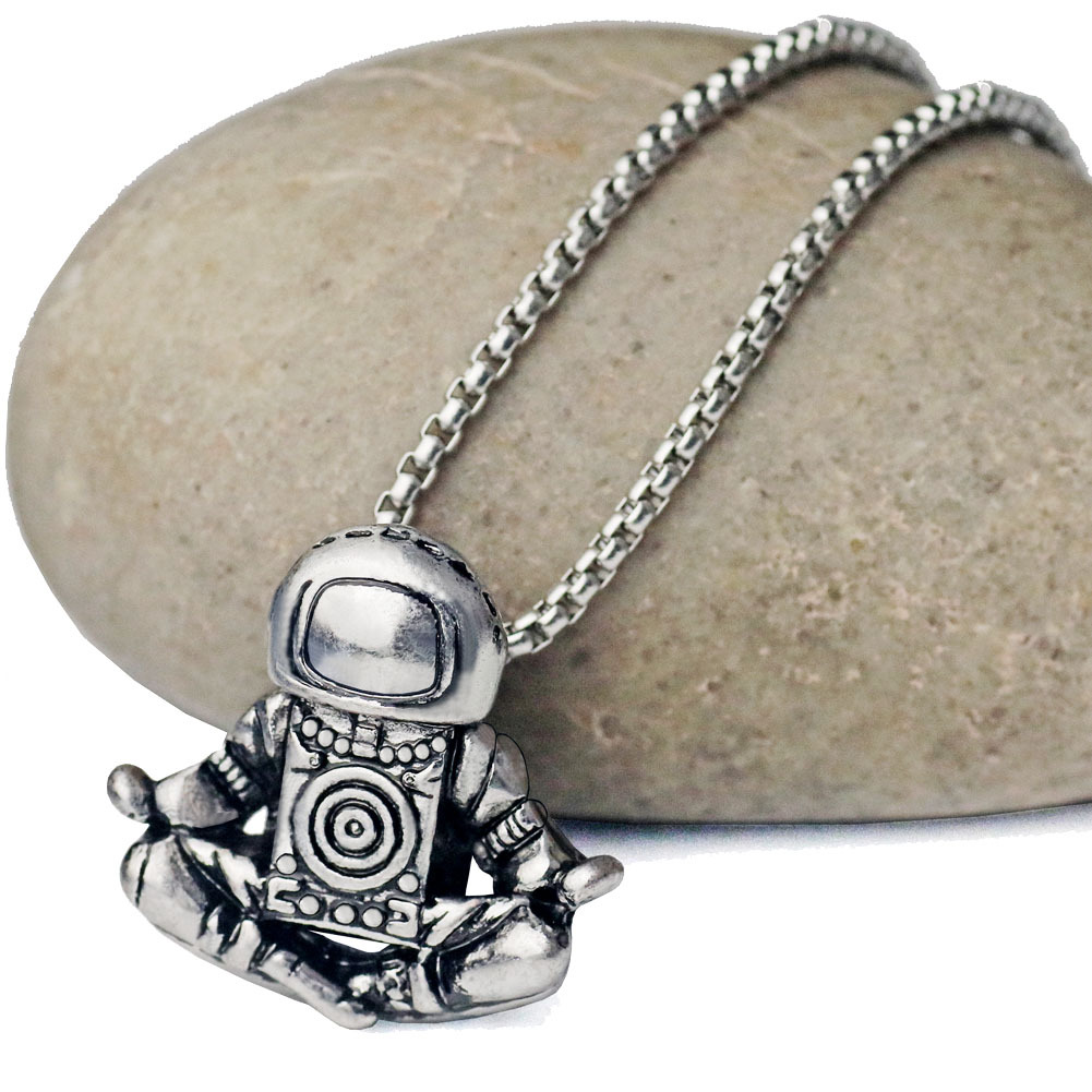 

Astronaut Pendant Necklace Meditation Galaxy Universe Cosmic Spaceman Retro Women Men Necklace Steel Chains Real Leather Rope, Silver