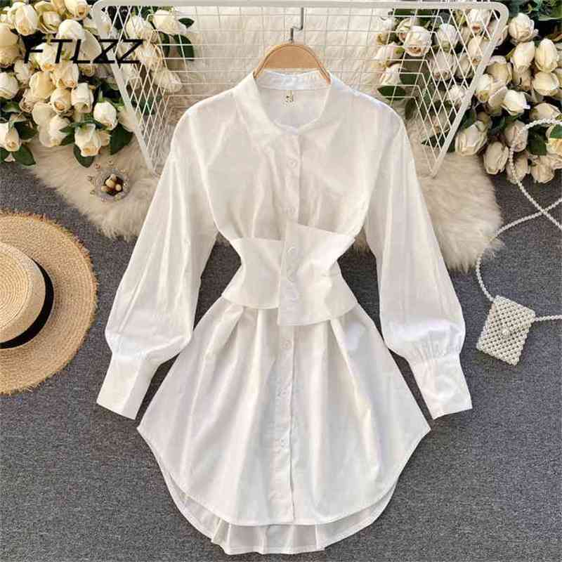 

Streetwear Fashion Blouse Women Spring Autumn Long Sleeve Withbelt Slim Mid-length White Shirts Woman Tops 210525, Beige