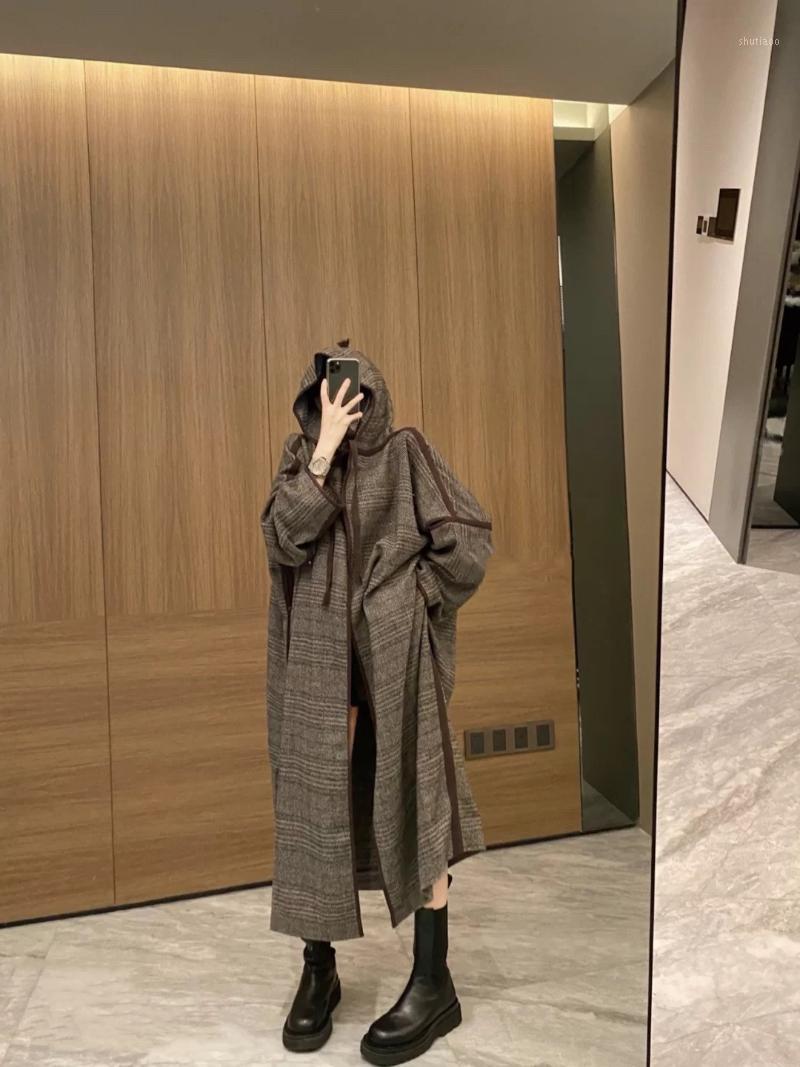 

Women' Wool & Blends Women Elegant Long Woolen Coat Retro Lattice Fashion Wizard Hat Hooded Loose Cape Ladies Overcoat Autumn Winter, Gray