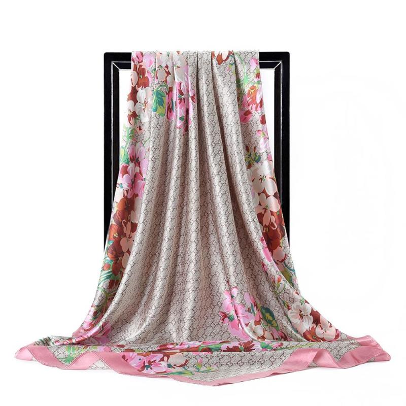 

Scarves Fashion Silk For Women Floral Print Square Shawl Foulard 90x90cm Female Bandana Head Ladies Large Hijab Satin Scarfs