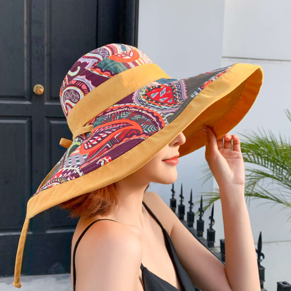 

Sun hat double sided ethnic style big edge Women's cotton sunscreen fisherman's outdoor sunshade Hat, Blue;gray