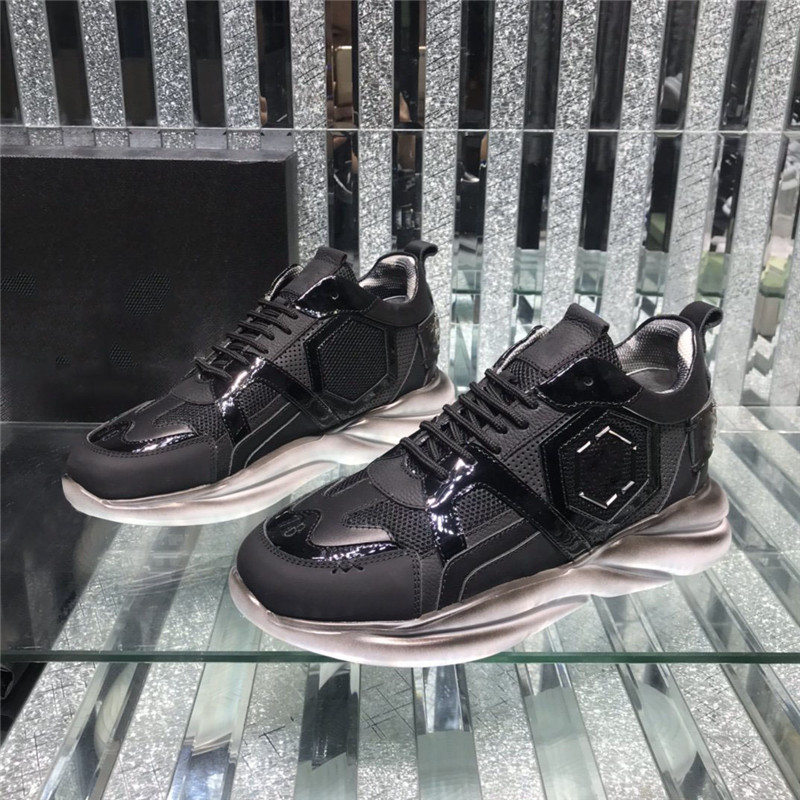 

Designer Luxury PP Low-Top Lace Up Skull Edition Platform Sneakers Black Leather trainers With Original Box