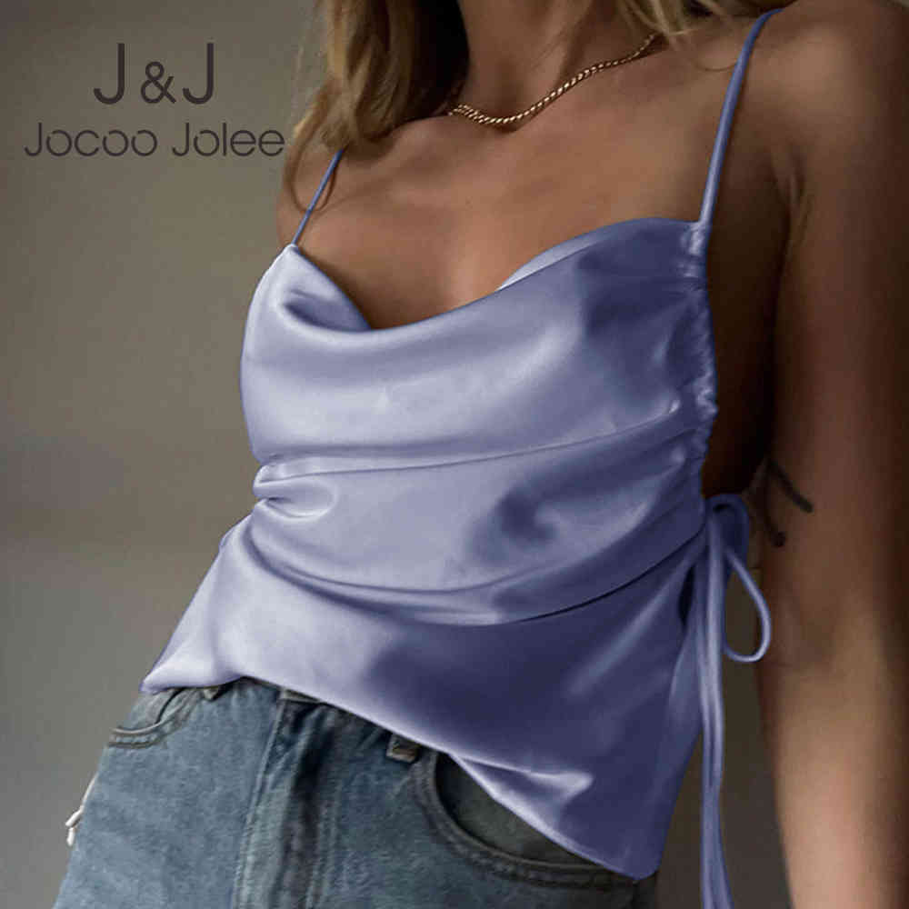 

Jocoo Jolee Elegant Chic Satin Camis Sexy V Neck Strap Solid Drawstring Tank Tops Women Casual Simple Wild Pleat Crop Top Cloth 210518, Blue