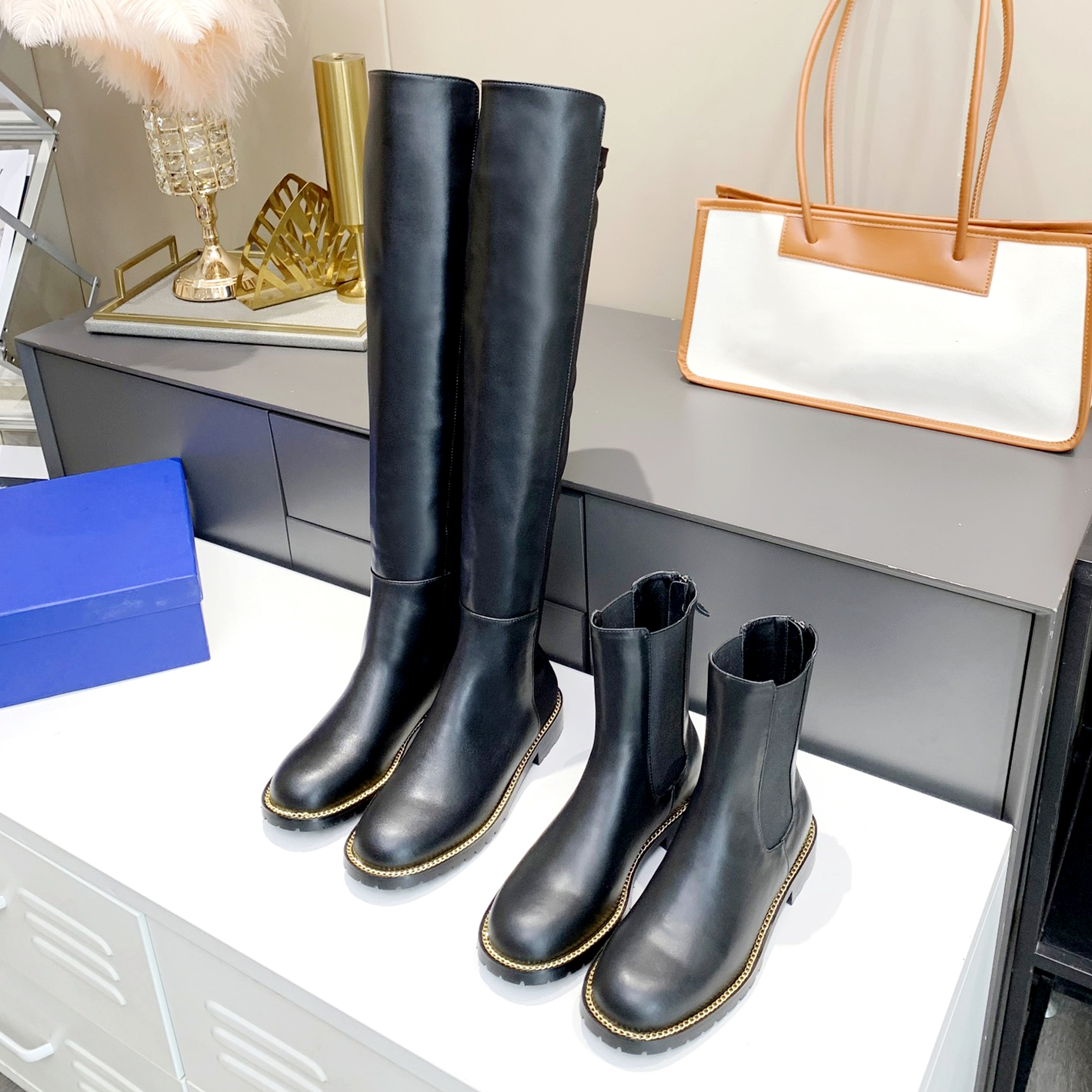 

Designer Women High-low Casual Shoes Luxury Woman Zipper Thigh Boot 5050 Lift Bootle High Elastic Fabric Riding Martin Motorcycle Boots Top Quality 100% Leather, Black-h