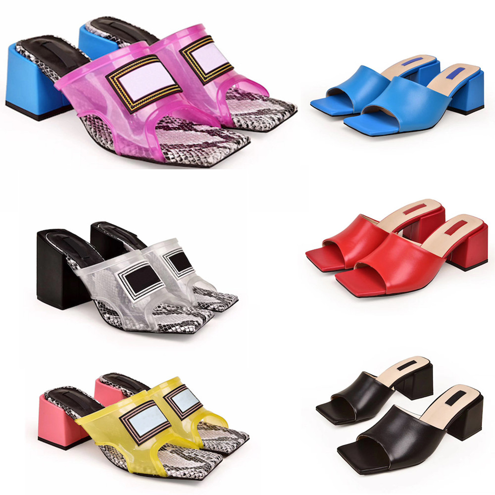 

2021 Fashion Designer New Women Transparent PVC Crystal Heels Sandals Genuine Leather Fancy Shoes High Heel Mules Slides Slipper With Box, Black