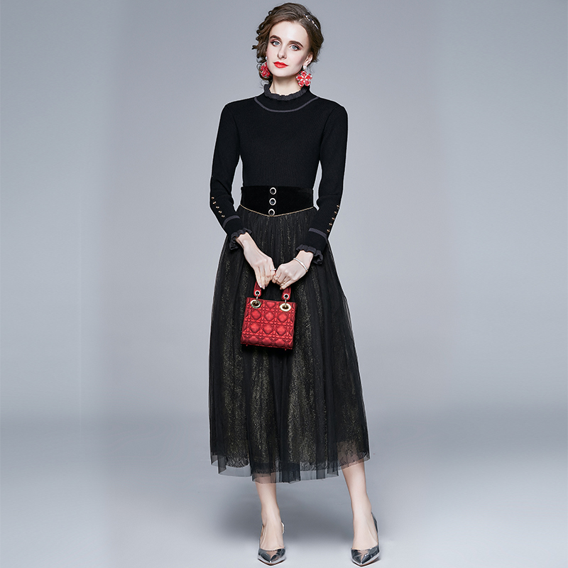 

Women Winter Autumn Designer Elegant Dress Suit Black Sexy Office Party Robe Ladies Vintage Knitted Mesh Two Piece Set Vestidos 210525