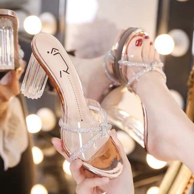 

Slippers 2021 Women's Outdoor Transparent Pumps Crystal Block Heels Fashion Female Shoes Comfortable Elegant Women Sandals, Silver