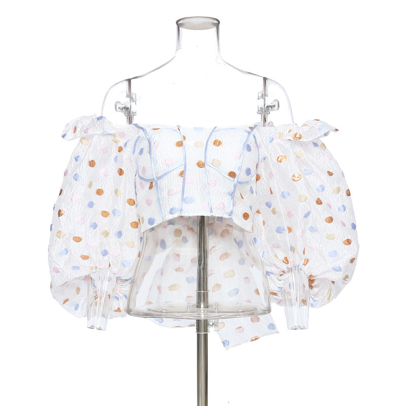 

Women's Tanks & Camis Rainbow Polka Dot Women Blouses Shirt Puff Sleeve Back Bow Slash Neck Sexy Short Summer Woman Tops VUOH, White