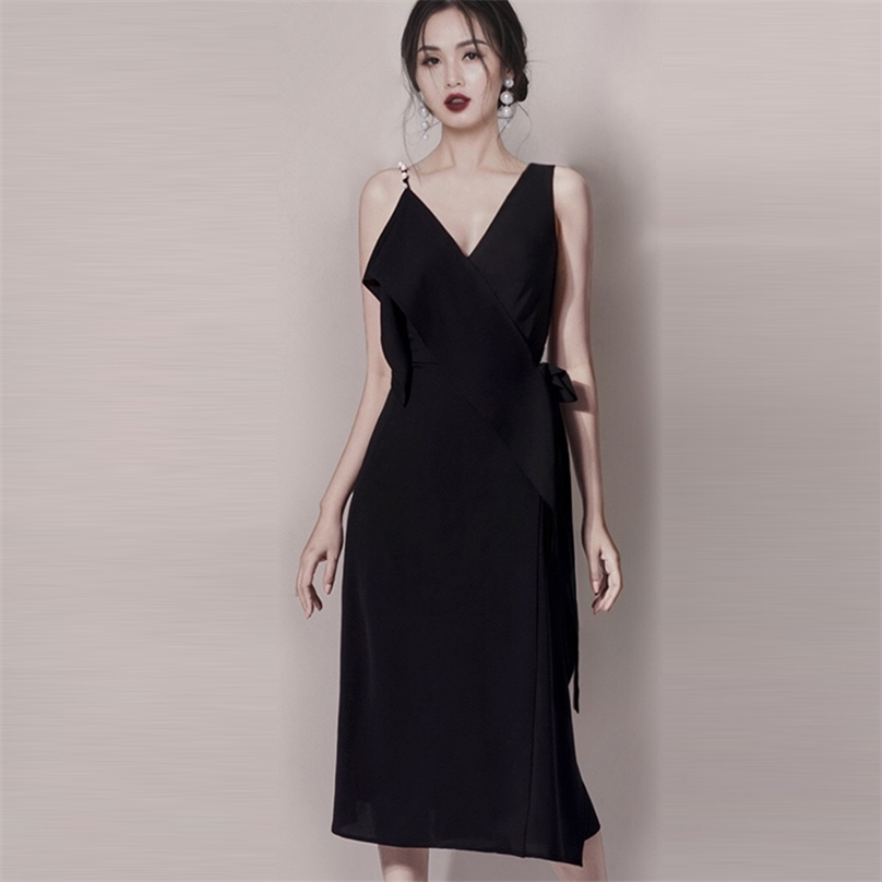 

Summer style korean fashion temperamemt sexy sling dressthin V collar elegant office party dor women dresses 210602, Black