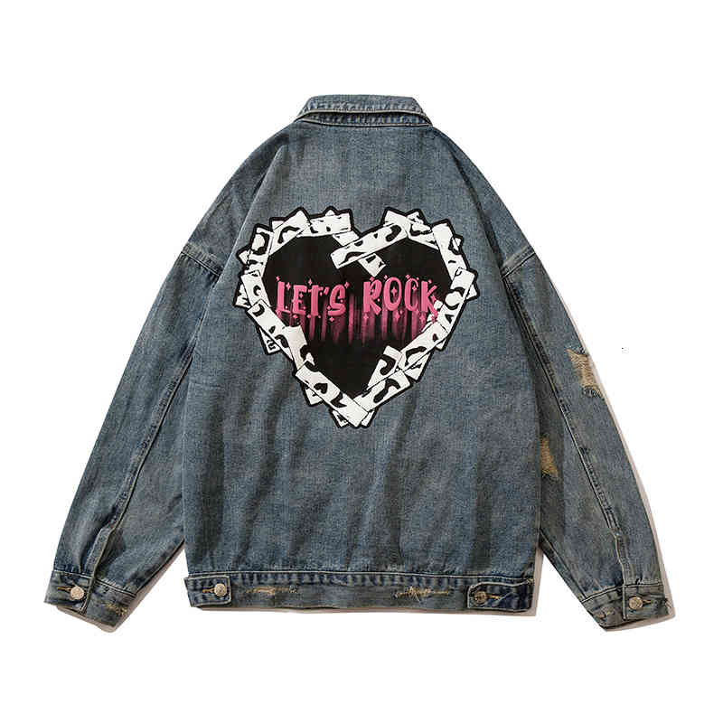 

women's jackets harajuku jean jacket, washed, love-shaped, printed letters, male and female, large lapel, street clothes, jacket 9tk8, Black;brown