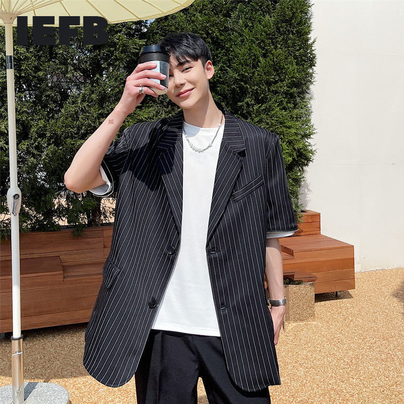 

IEFB Zipper Detachable Long Sleeve Striped Men's Suit Coat Fashion Personality Black Loose Causal Blazer Male 9Y7071 210524