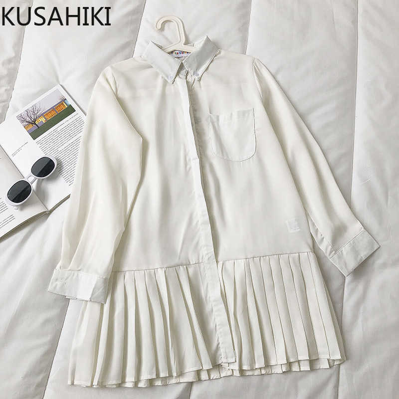 

Korean Patchwork Pleated Blouse Dress Causal Long Sleeve Turn-down Collar Dresses Spring Women Vestidos 6E739 210603, White