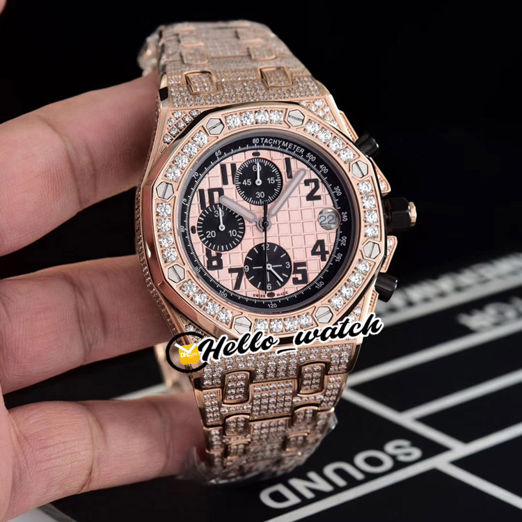 

TWF 41mm Miyota Quartz Chronogrpah Mens Watch Stopwatch Black Texture Dial Rose Gold Diamonds Case Bracelet Watches *26470* Hello_Watch, E111 (2)