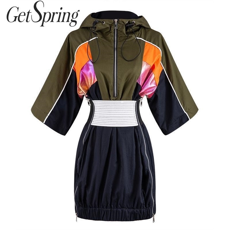 

GetSpring Women Dress Hooded Patchwork Corset Drawstring Short Sleeve Zipper Ladies High Waist Vintage es 210601, As picture