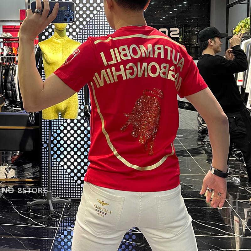 

2021 Europe station Cotton T-Shirts men stud drilling Tops Medusa trend fashion stretch slim fit breathable stamping printing A08, White;black