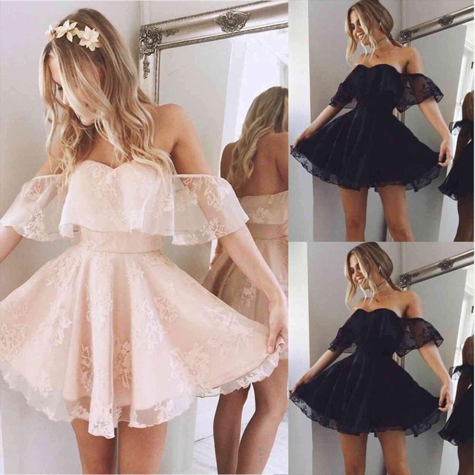 

formal lace summer prom womens dress off shoulder party wedding gown short sleeve mini dresses solid black pink, Black;gray
