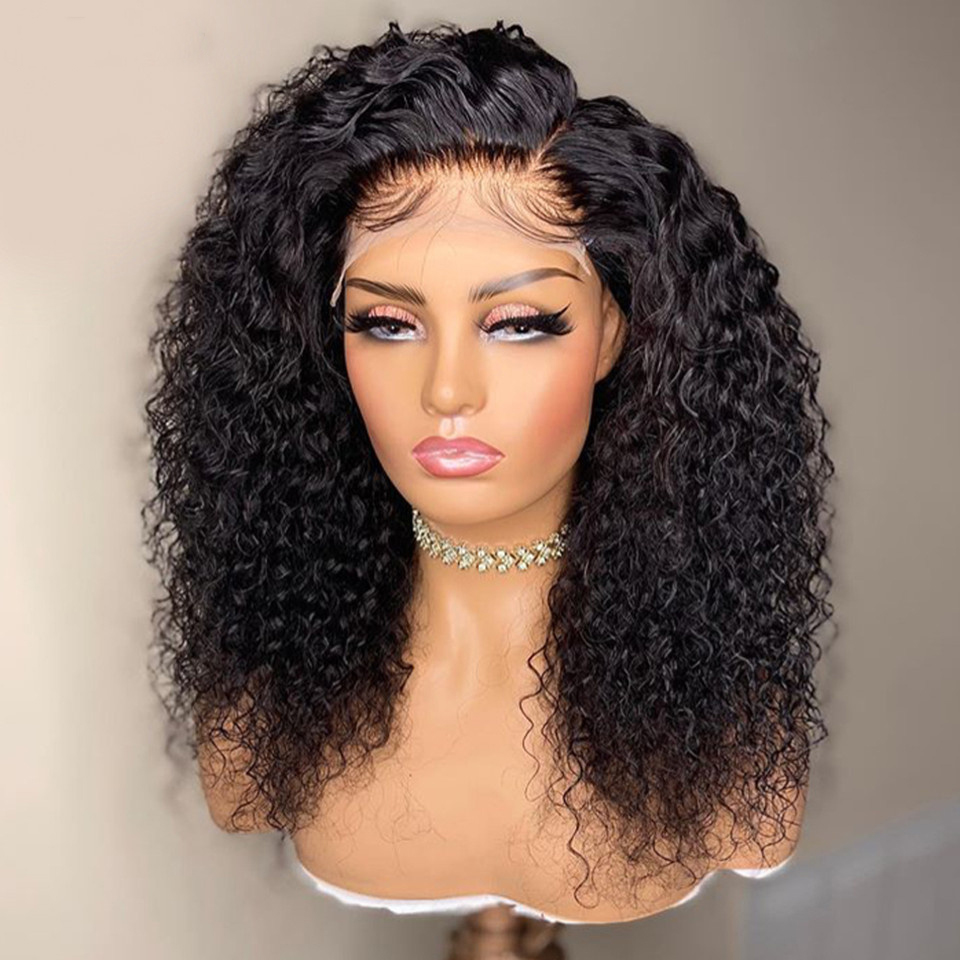 

Brazilian 12Inch 180%Density Kinky Curly Cut Short Bob Wig Natural Black Color Middle Part Glueless Lace Front wigs Remy Soft Fiber With Baby Hair For Women Daily Wear