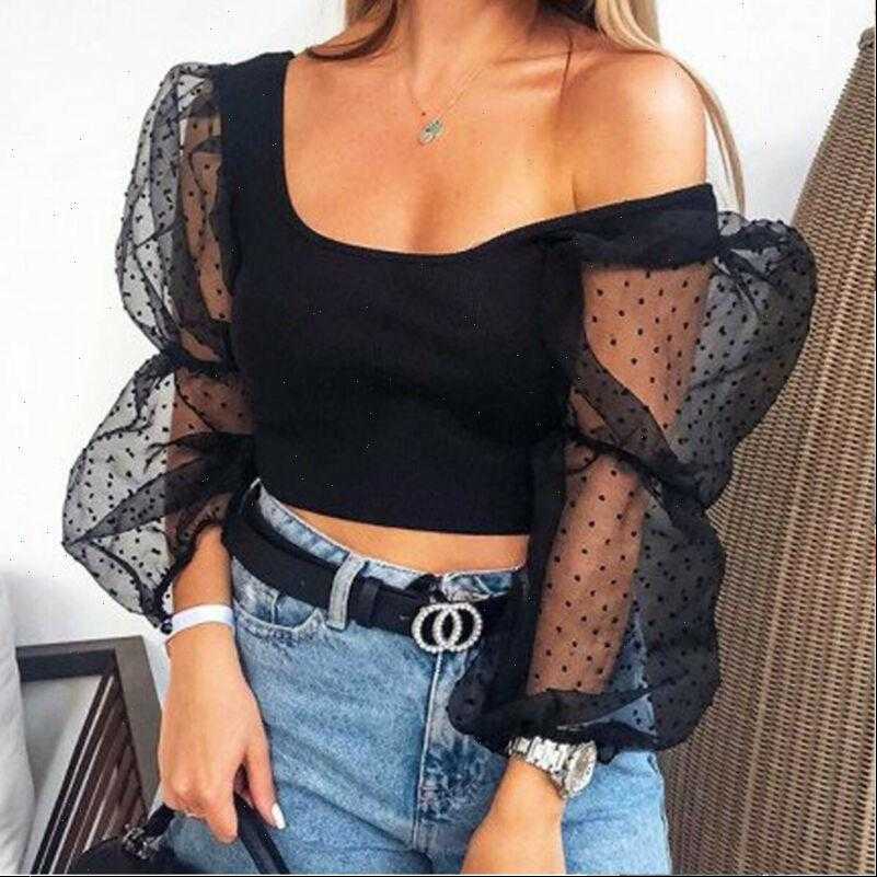 

womens women blouses ladies see through sheer mesh dot blouse transparent puff long sleeve shirts summer casual shirt, White