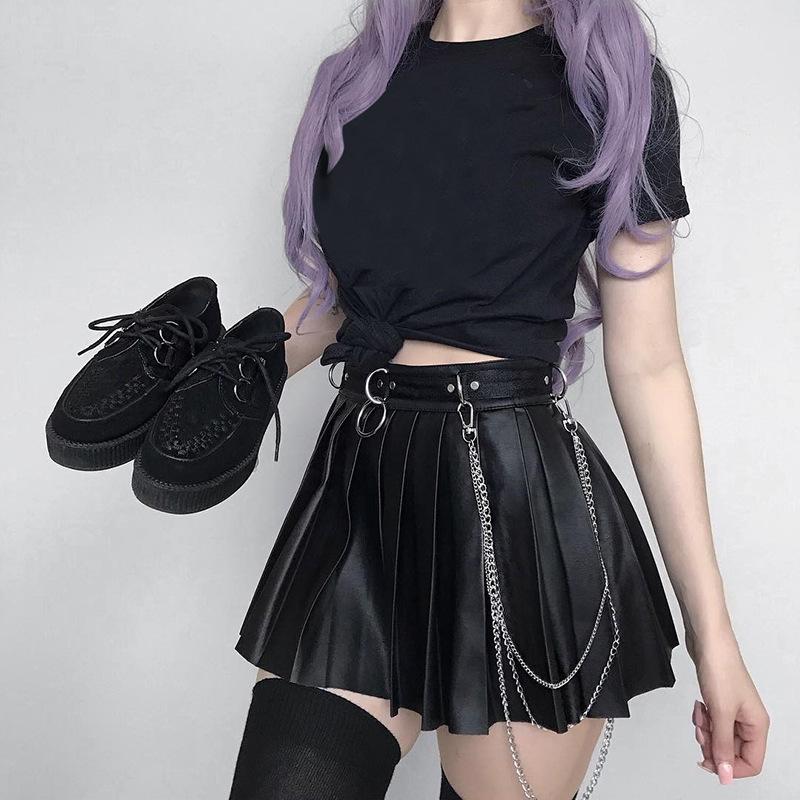 

Skirts Goth Pleated Skirt High Waist Mall Gothic Harajuku Y2k Clothes 90s 2000s Aesthetic Metal Punk PU Leather Black