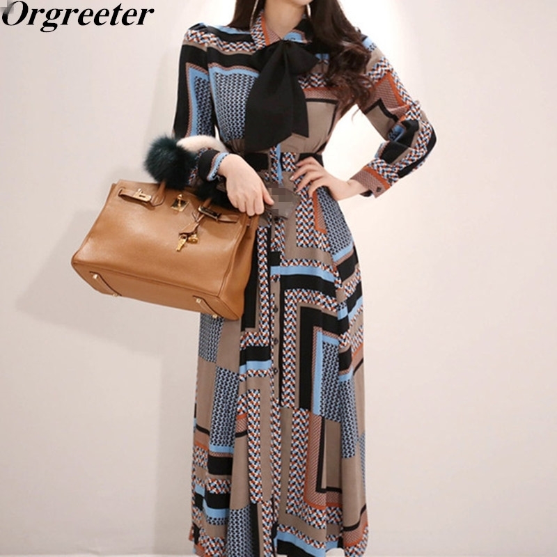 

Multicolor Patchwork Print Geometric Maxi Dress Korean Spring Bow Single-breasted Long Sleeve Big Swing Modern Lady Women 210525, Picture color