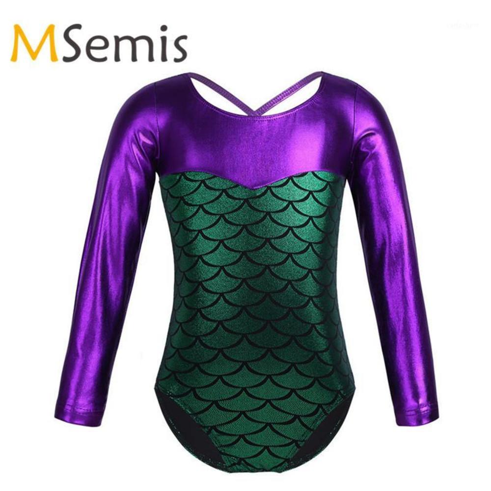 

Kids Girls Ballet Leotard Gymnastic Swimsuit Child Long Sleeves Glittery Scales Printed Splice Dance Gymnastics Leotard Jumpsuit1, Black;red